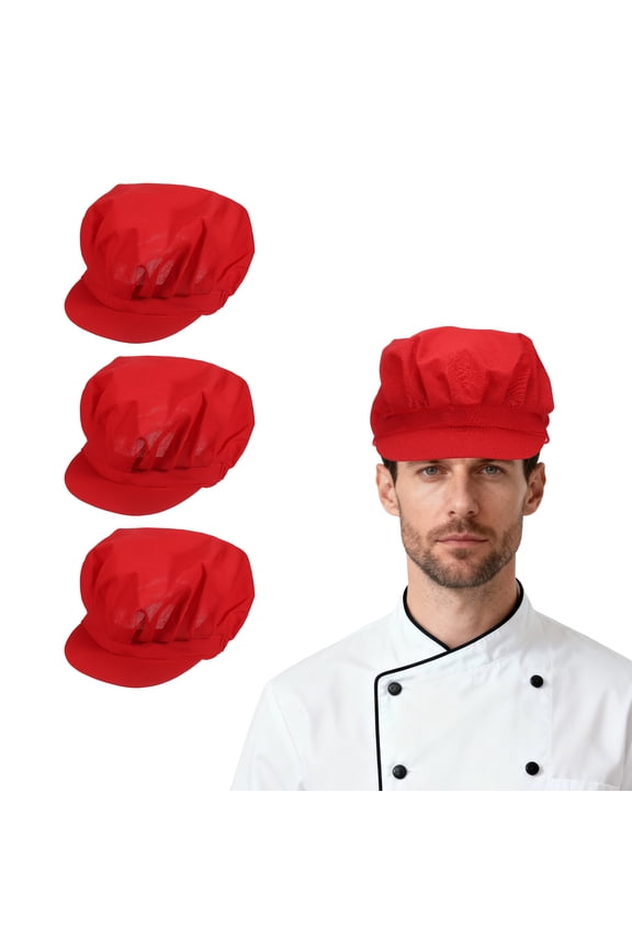 3Pcs Chef Hat, Adjustable Elastic Band Cotton Baker Hat for Women and Men, Full Cloth Baker Hat Food Service Hair Nets for Home Restaurant Kitchen Cooking, Red