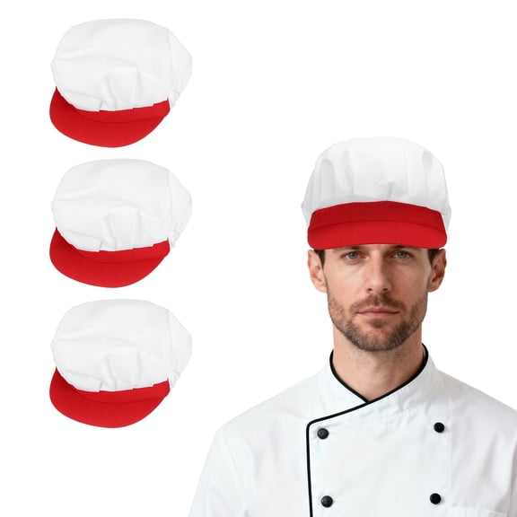 Uxcell 3Pcs Chef Hat, Adjustable Elastic Band Cotton Baker Hat for Women and Men, Full Mesh Baker Hat Food Service Hair Nets for Home Restaurant Kitchen Cooking, White and Red