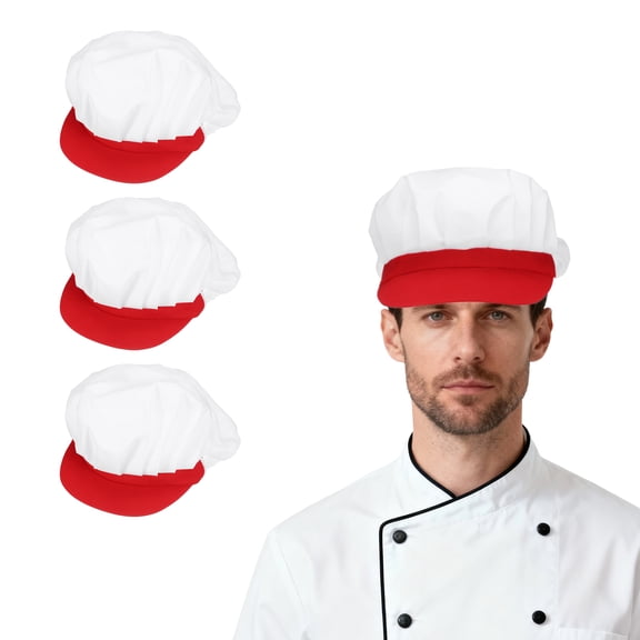 Uxcell 3Pcs Chef Hat, Adjustable Elastic Band Cotton Baker Hat for Women and Men, Half Mesh Baker Hat Food Service Hair Nets for Home Restaurant Kitchen Cooking, White and Red