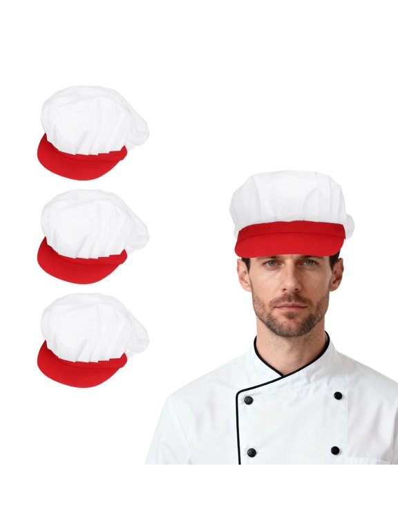 3Pcs Chef Hat, Adjustable Elastic Band Cotton Baker Hat for Women and Men, Half Mesh Baker Hat Food Service Hair Nets for Home Restaurant Kitchen Cooking, White and Red