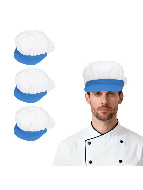 3Pcs Chef Hat, Adjustable Elastic Band Cotton Baker Hat for Women and Men, Half Mesh Baker Hat Food Service Hair Nets for Home Restaurant Kitchen Cooking, White and Lake Blue