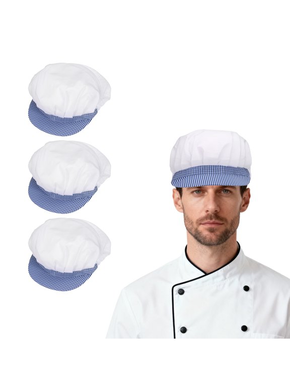 3Pcs Chef Hat, Adjustable Elastic Band Cotton Baker Hat for Women and Men, Half Mesh Baker Hat Food Service Hair Nets for Home Restaurant Kitchen Cooking, White and Blue