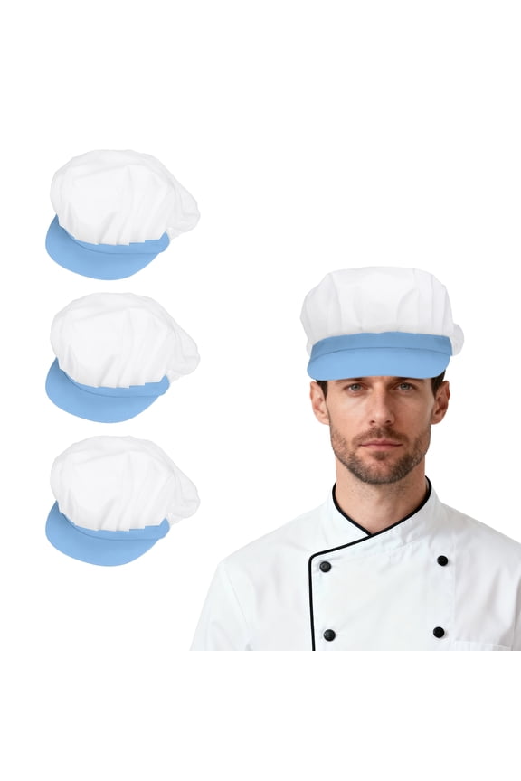 3Pcs Chef Hat, Adjustable Elastic Band Cotton Baker Hat for Women and Men, Half Mesh Baker Hat Food Service Hair Nets for Home Restaurant Kitchen Cooking, White and Shallow Blue