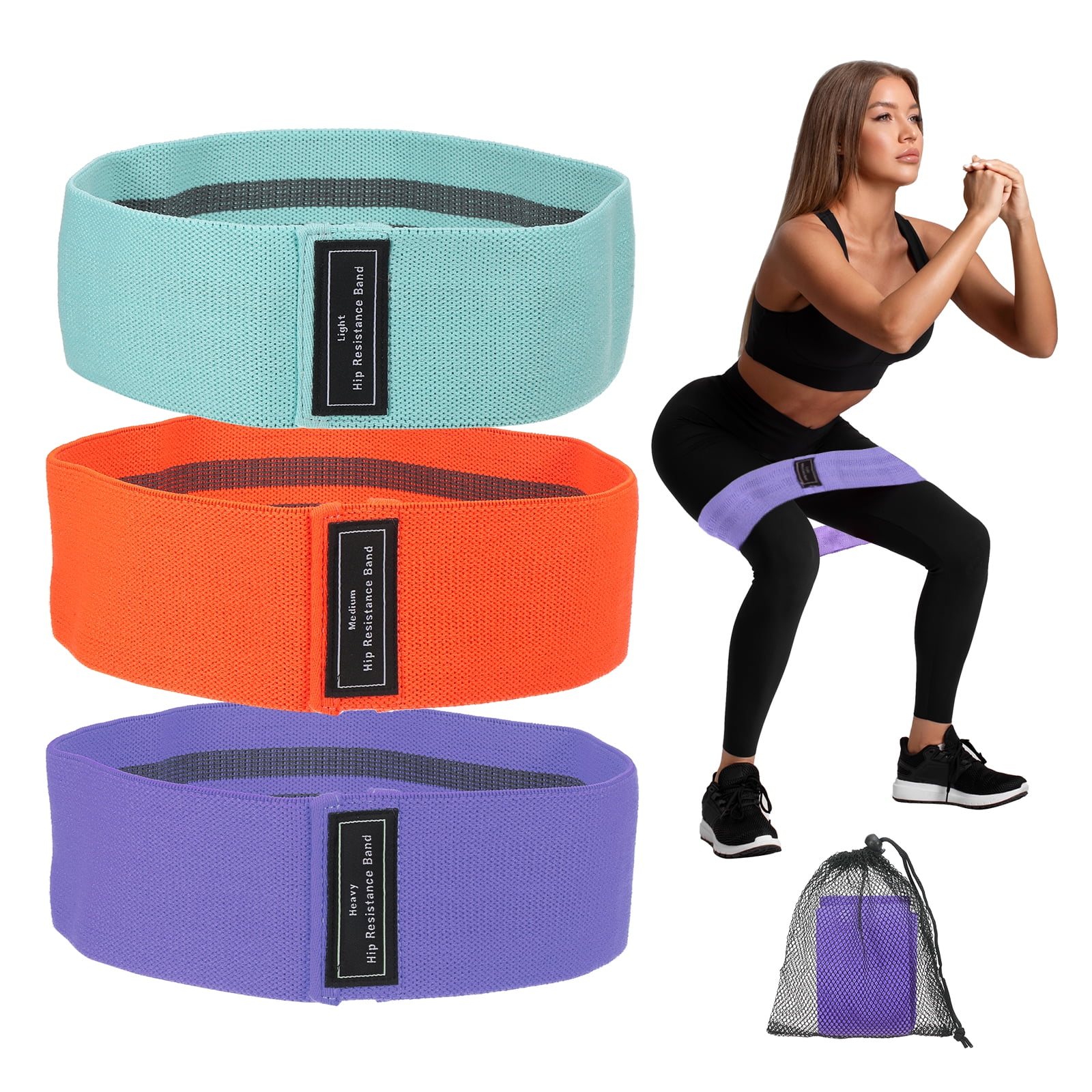 Uxcell 3Pcs Fabric Resistance Bands Booty Workout Bands with Bag and Instruction, Green, Orange, Purple