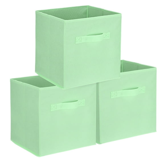 Uxcell 3Pcs Fabric Storage Bins, 11 Inch Cube Storage Bin Foldable Storage Cube Organizer Bins with Handles for Shelf Closet, Nursery Home, Bedroom(Light Green)