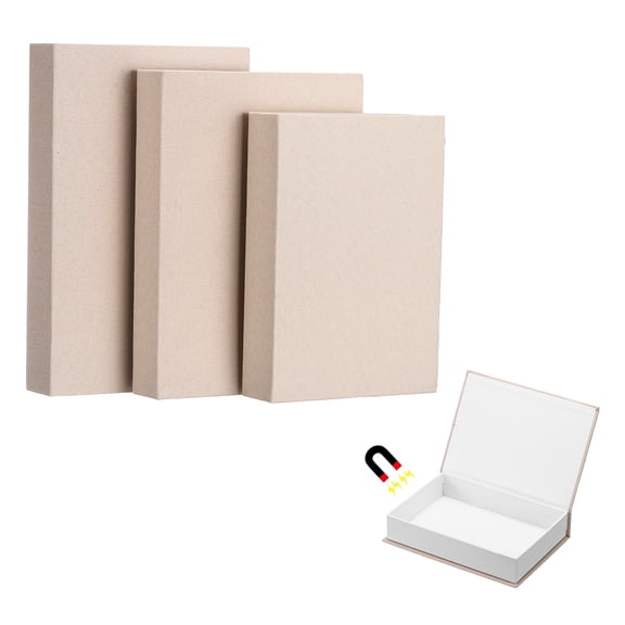 Uxcell 3Pcs Fake Book Box, 10.6", 9.8", 8.7" Linen Decorative Faux Books Magnetic Storage Box for Modern Aesthetic Home Office Coffee Table Shelf Desktop Display Storage, Beige