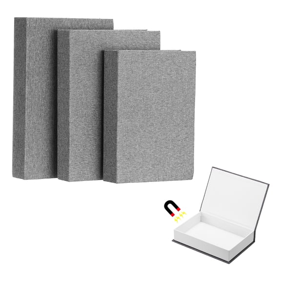 Uxcell 3Pcs Fake Book Box, 10.6", 9.8", 8.7" Linen Decorative Faux Books Magnetic Storage Box for Modern Aesthetic Home Office Coffee Table Shelf Desktop Display Storage, Dark Grey