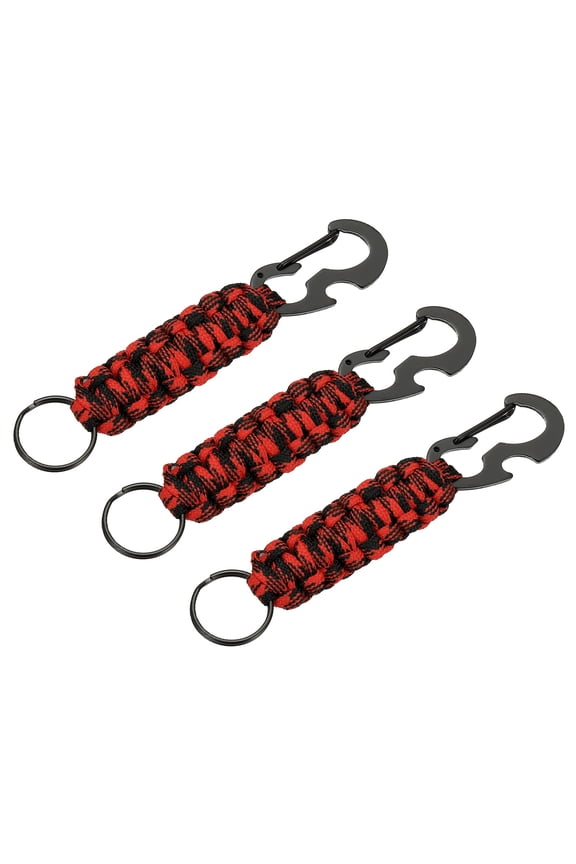 3Pcs Heavy Duty Braided Paracord Keychain, Paracord Keychains Landyard Necklace with Bottle Opener D Hook Clip for Camping Hiking Outdoor Activities Key Ring, Red Black Camo