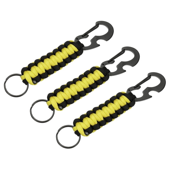 Uxcell 3Pcs Heavy Duty Braided Paracord Keychain, Paracord Keychains Landyard Necklace with Bottle Opener D Hook Clip for Camping Hiking Outdoor Activities Key Ring, Yellow and Black