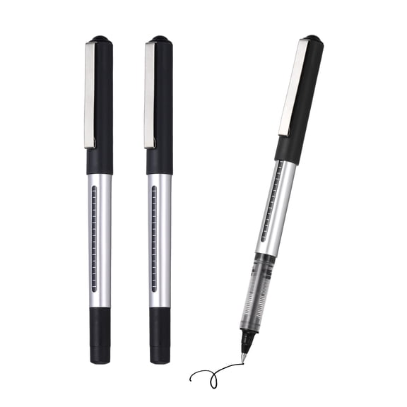 Uxcell 3Pcs Liquid Ink Rollerball Pens, 0.5mm Fine Point Medium Point Pens Smooth Writing Gel Ink Quick Dry Black Ink for Office Note Taking Journaling, Silver Body Black Cap