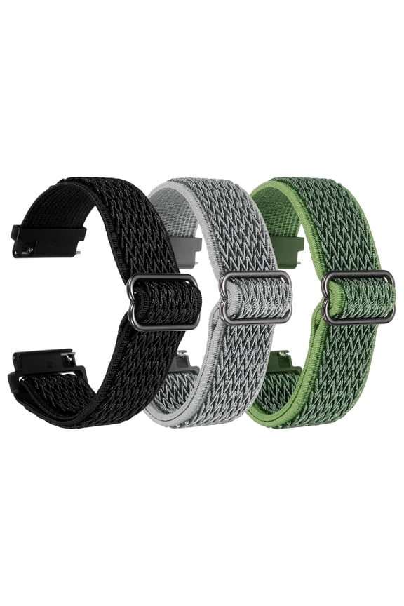 3Pcs Nylon Elastic Braided Watch Strap 20mm Stretchy Solo Loop Watch Bands Adjustable Quick Release Replacement Wristbands W Slide Buckle for Women Men Black/Light Gray/Light Green