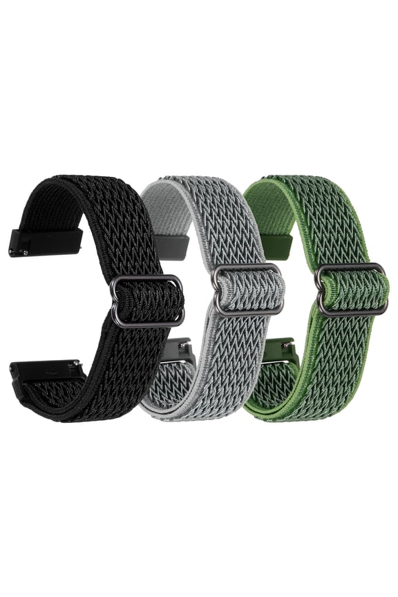 3Pcs Nylon Elastic Braided Watch Strap 24mm Stretchy Solo Loop Watch Bands Adjustable Quick Release Replacement Wristbands W Slide Buckle for Women Men Black/Light Gray/Light Green