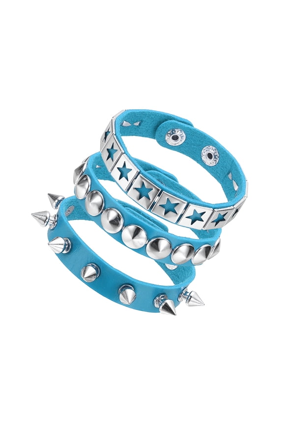 3Pcs Punk Rock Studded Leather Bracelet Set, 8.7"/22cm Goth Spiked Cuff Wristband Adjustable Fashion Bracelets for Halloween Party Favors Emo Grunge Accessories, Light Blue