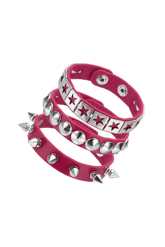 3Pcs Punk Rock Studded Leather Bracelet Set, 8.7"/22cm Goth Spiked Cuff Wristband Adjustable Fashion Bracelets for Halloween Party Favors Emo Grunge Accessories, Rose Red