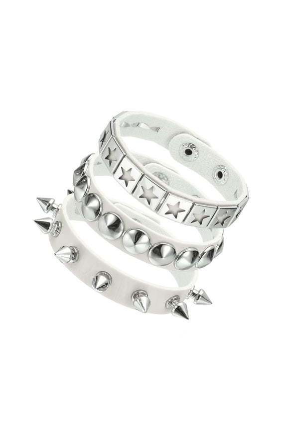 3Pcs Punk Rock Studded Leather Bracelet Set, 8.7"/22cm Goth Spiked Cuff Wristband Adjustable Fashion Bracelets for Halloween Party Favors Emo Grunge Accessories, White