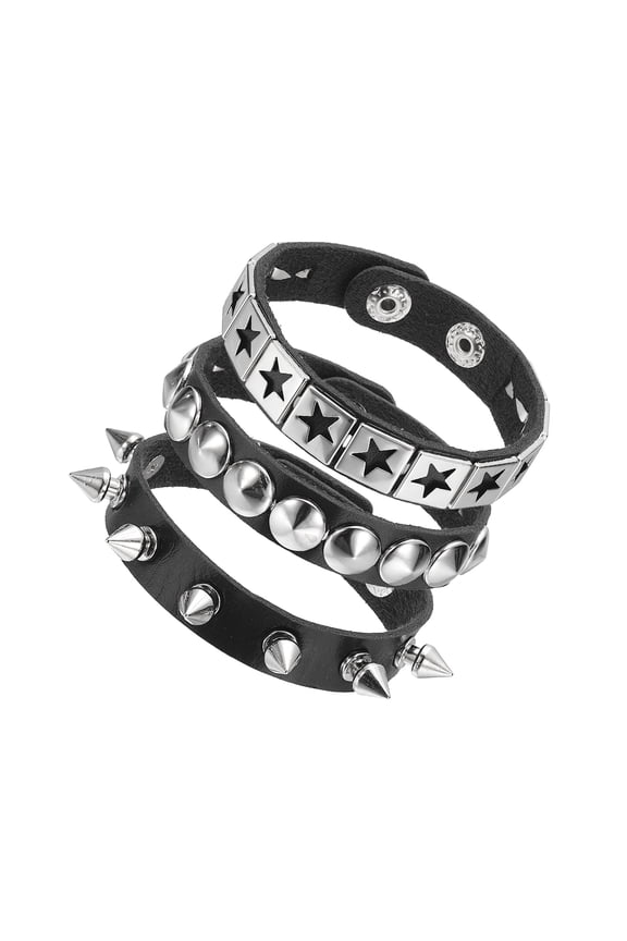 3Pcs Punk Rock Studded Leather Bracelet Set, 8.7"/22cm Goth Spiked Cuff Wristband Adjustable Fashion Bracelets for Halloween Party Favors Emo Grunge Accessories, Black