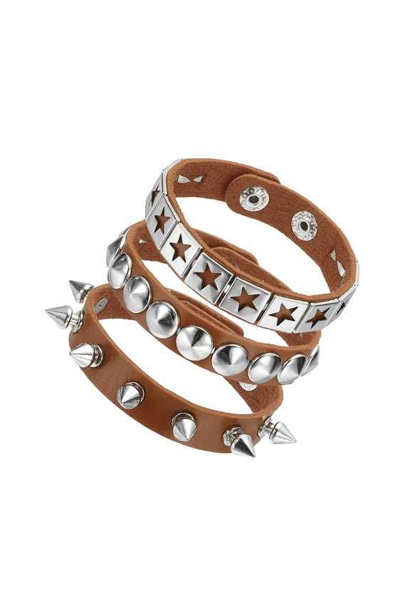3Pcs Punk Rock Studded Leather Bracelet Set, 8.7"/22cm Goth Spiked Cuff Wristband Adjustable Fashion Bracelets for Halloween Party Favors Emo Grunge Accessories, Brown