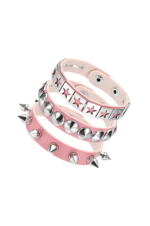 3Pcs Punk Rock Studded Leather Bracelet Set, 8.7"/22cm Goth Spiked Cuff Wristband Adjustable Fashion Bracelets for Halloween Party Favors Emo Grunge Accessories, Pink