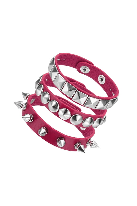3Pcs Rock Punk Spiked Leather Bracelet Set, 8.7"/22cm Goth Studded Cuff Wristband Adjustable Bracelets for Halloween Party Favors Grunge Accessories, Rose Red
