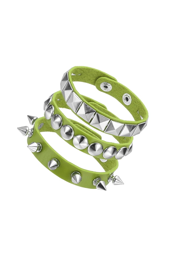 3Pcs Rock Punk Spiked Leather Bracelet Set, 8.7"/22cm Goth Studded Cuff Wristband Adjustable Bracelets for Halloween Party Favors Grunge Accessories, Green