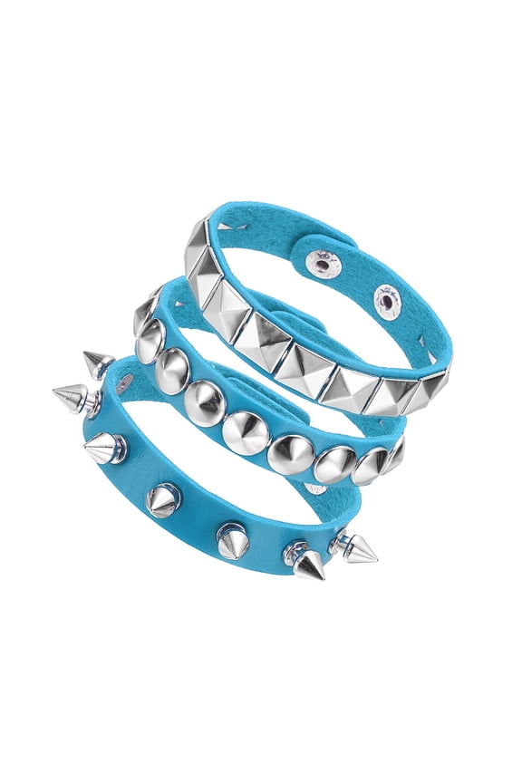 3Pcs Rock Punk Spiked Leather Bracelet Set, 8.7"/22cm Goth Studded Cuff Wristband Adjustable Bracelets for Halloween Party Favors Grunge Accessories, Light Blue