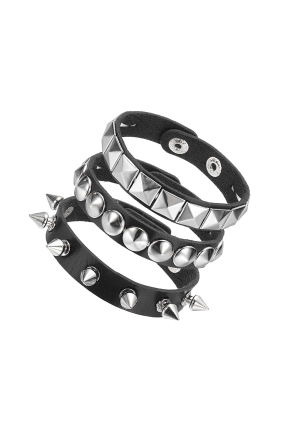 3Pcs Rock Punk Spiked Leather Bracelet Set, 8.7"/22cm Goth Studded Cuff Wristband Adjustable Bracelets for Halloween Party Favors Grunge Accessories, Black