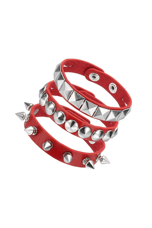 3Pcs Rock Punk Spiked Leather Bracelet Set, 8.7"/22cm Goth Studded Cuff Wristband Adjustable Bracelets for Halloween Party Favors Grunge Accessories, Red
