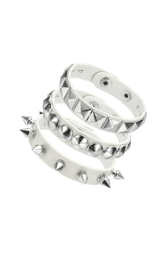 3Pcs Rock Punk Spiked Leather Bracelet Set, 8.7"/22cm Goth Studded Cuff Wristband Adjustable Bracelets for Halloween Party Favors Grunge Accessories, White