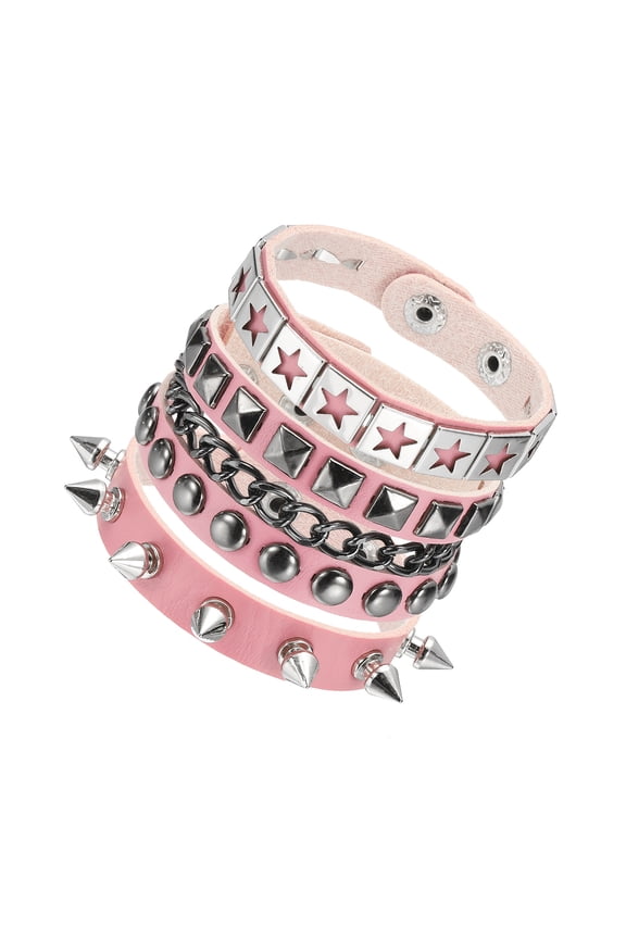 3Pcs Rock Punk Studded Leather Bracelet Set, 8.7"/22cm Goth Spiked Cuff Wristband Adjustable Bracelets for Emo Grunge Accessories Halloween Party Favors, Pink