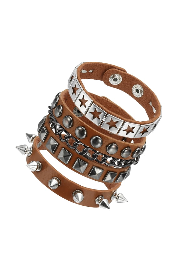 3Pcs Rock Punk Studded Leather Bracelet Set, 8.7"/22cm Goth Spiked Cuff Wristband Adjustable Bracelets for Emo Grunge Accessories Halloween Party Favors, Brown