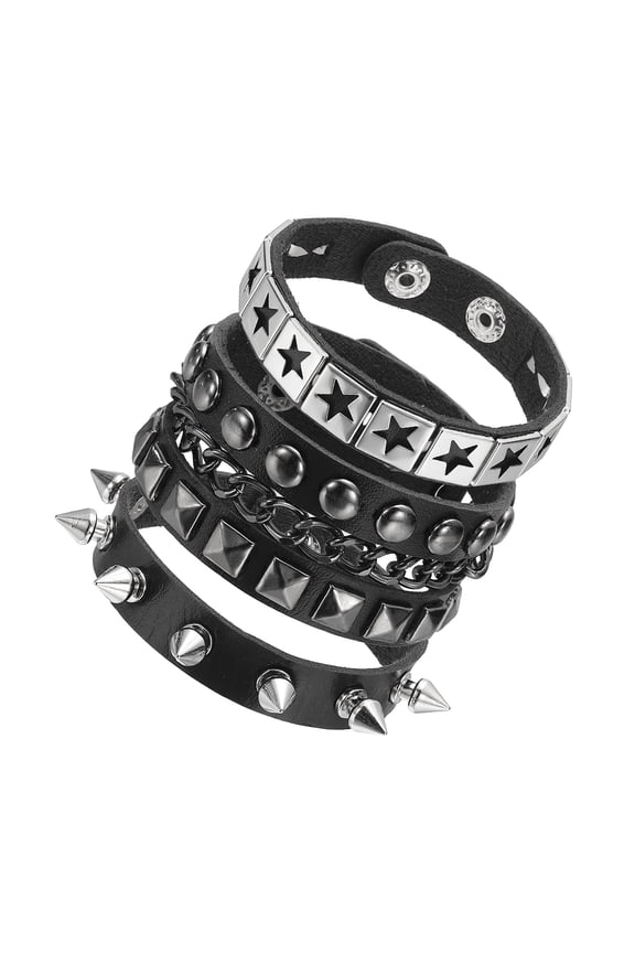 3Pcs Rock Punk Studded Leather Bracelet Set, 8.7" Goth Spiked Cuff Wristband Adjustable Bracelets for Emo Grunge Accessories Halloween Party Favors, Black