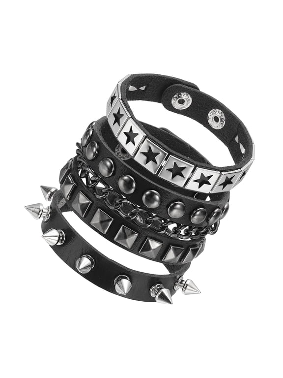 3Pcs Rock Punk Studded Leather Bracelet Set, 8.7" Goth Spiked Cuff Wristband Adjustable Bracelets for Emo Grunge Accessories Halloween Party Favors, Black
