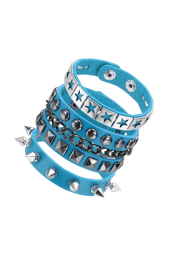 3Pcs Rock Punk Studded Leather Bracelet Set, 8.7"/22cm Goth Spiked Cuff Wristband Adjustable Bracelets for Emo Grunge Accessories Halloween Party Favors, Light Blue