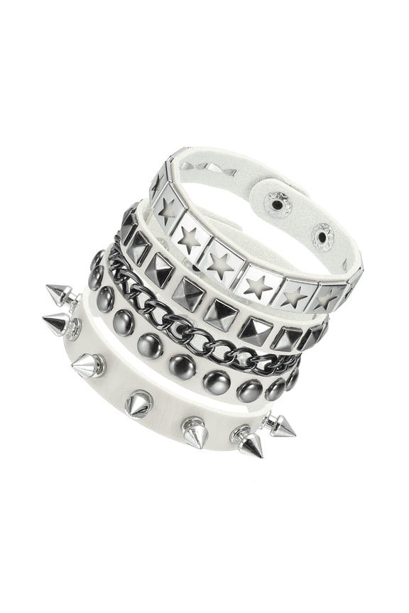 3Pcs Rock Punk Studded Leather Bracelet Set, 8.7"/22cm Goth Spiked Cuff Wristband Adjustable Bracelets for Emo Grunge Accessories Halloween Party Favors, White
