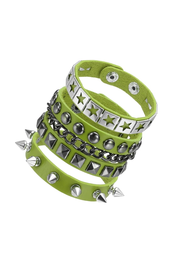 3Pcs Rock Punk Studded Leather Bracelet Set, 8.7"/22cm Goth Spiked Cuff Wristband Adjustable Bracelets for Emo Grunge Accessories Halloween Party Favors, Green