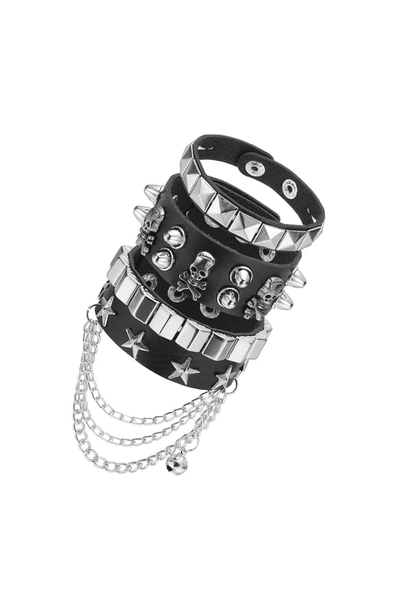 3Pcs Rock Punk Studded Leather Bracelet Set, 8.7"/22cm Goth Spiked Cuff Wristband Adjustable Bracelets for Halloween Party Favors Emo Grunge Accessories, Black