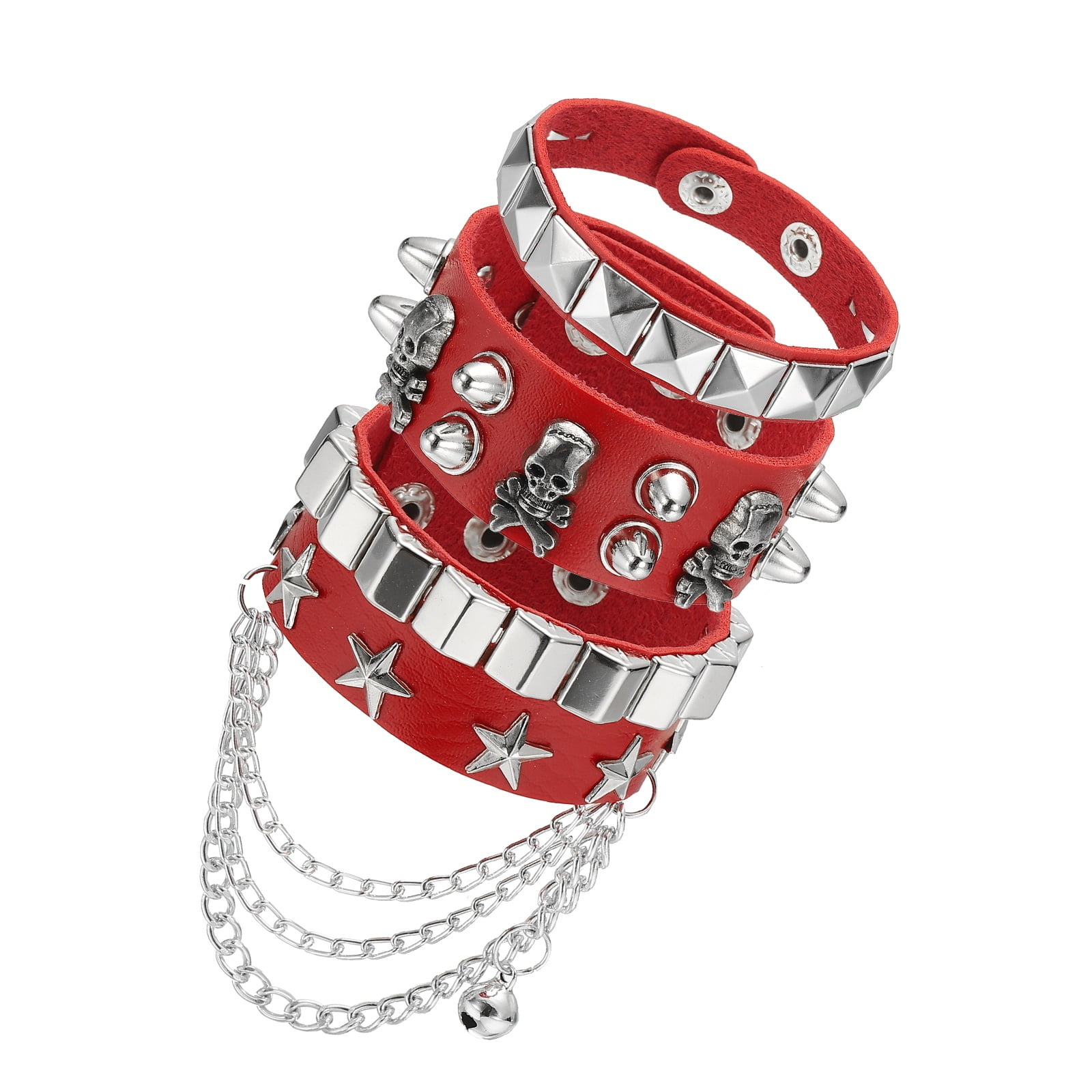 Studded Leather Bracelet 　レッド 新品 Uxcell 3Pcs Rock Punk Studded Leather Bracelet Set, 8.7