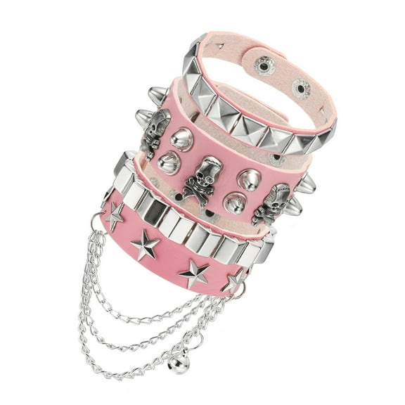 Uxcell 3Pcs Rock Punk Studded Leather Bracelet Set, 8.7"/22cm Goth Spiked Cuff Wristband Adjustable Bracelets for Halloween Party Favors Emo Grunge Accessories, Pink