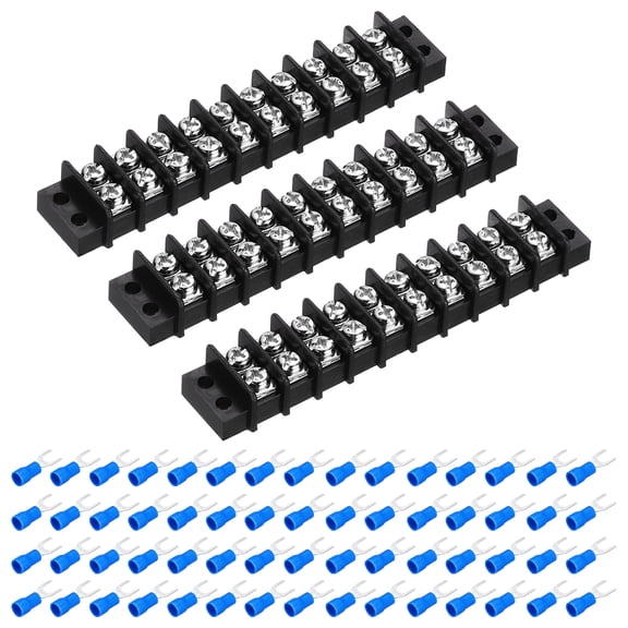 Uxcell 3Pcs Terminal Block 300V 20A Dual Rows 10P Terminals Barrier PA66 with 60Pcs 16A Heat Shrink Wire Fork Connectors