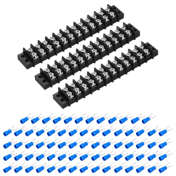 Uxcell 3Pcs Terminal Block 300V 20A Dual Rows 12P Terminals Barrier PA66 with 72Pcs 16A Heat Shrink Wire Fork Connectors