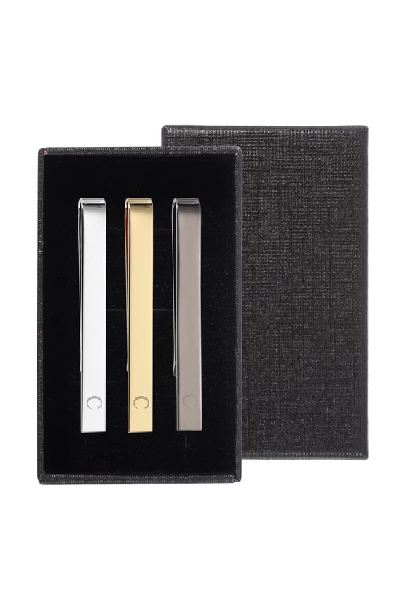 3Pcs Tie Pins for Men , Stainless Steel Alphabet C Letter Necktie Bar Pinch Set Mens Tie Clip with Gift Box for Wedding Father's Day, Silver/Gold/Black