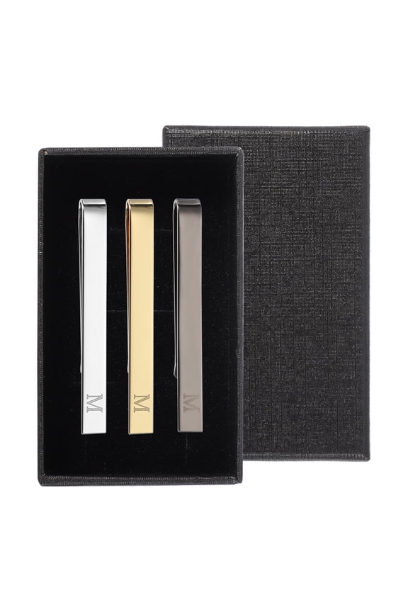 3Pcs Tie Pins for Men , Stainless Steel Alphabet M Letter Necktie Bar Pinch Set Mens Tie Clip with Gift Box for Wedding Father's Day, Silver/Gold/Black