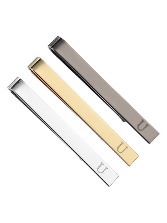 3Pcs Tie Pins for Men , Stainless Steel Alphabet U Letter Necktie Bar Pinch Set Mens Tie Clip with Gift Box for Wedding Father's Day, Silver/Gold/Black