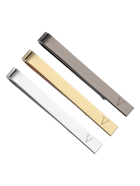 3Pcs Tie Pins for Men , Stainless Steel Alphabet V Letter Necktie Bar Pinch Set Mens Tie Clip with Gift Box for Wedding Father's Day, Silver/Gold/Black