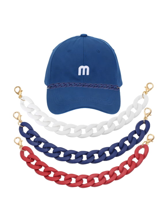 3Pcs Trucker Hat Chains, Acrylic Chain Hat Accessories Bill Decoration for Women Men Caps DIY Mesh Baseball Cap Sports Game Day Decorations (White, Pure Blue, Dark Red)