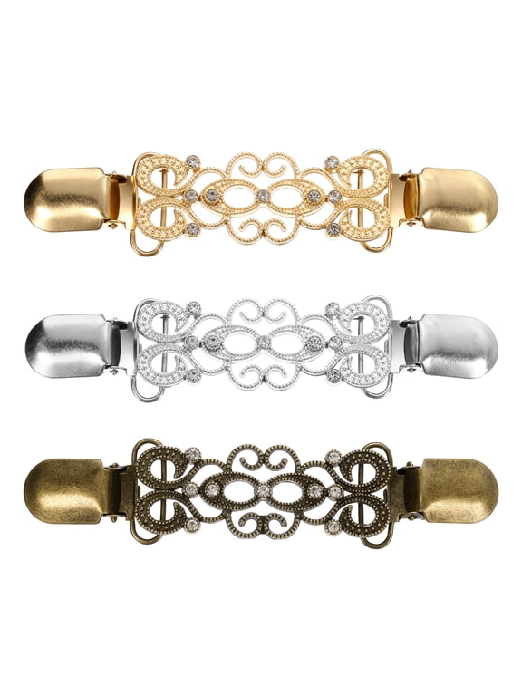3Pcs Vintage Cloak Clasps, Sweater Clips Women Collar Clip for Women Clothing Sweater Shawl Scarf Cardigan accessories Retro Cinch Brooch, Silver/Gold/Bronze Tone(4.9x1Inch)