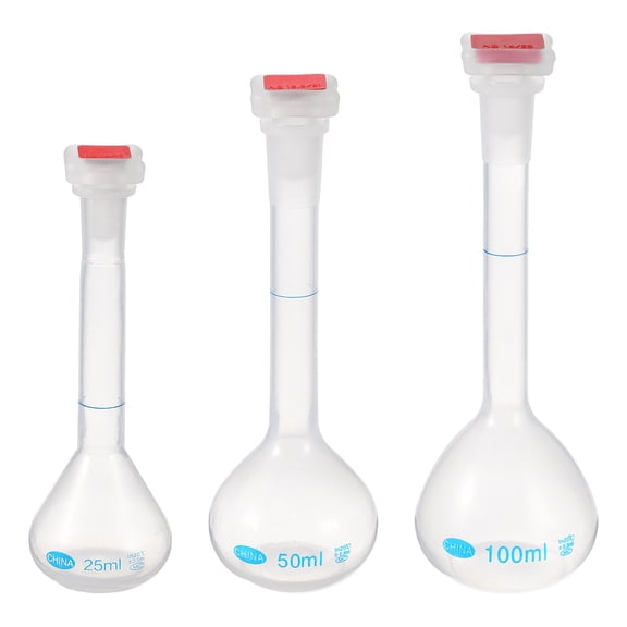 Uxcell 3Pcs Volumetric Flask, 25ml, 50ml, 100ml Polypropylene Graduated Volumetric Measuring Flask with Red Plug Cap Tolerance 0.3ml for Laboratory Science Experiment, Clear