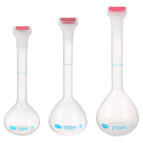 Uxcell 3Pcs Volumetric Flask, 50ml, 100ml, 250ml Polypropylene Graduated Volumetric Measuring Flask with Red Plug Cap Tolerance 0.3ml for Laboratory Science Experiment, Clear