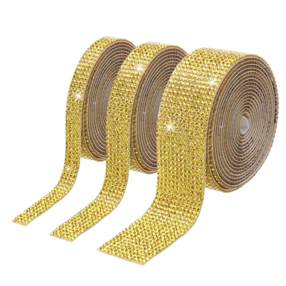 Uxcell 3Roll Rhinestone Ribbon, 0.35"/0.53"/0.98"Self Adhesive Crystal Rhinestone Strips, 2m Resin Bling Diamond Sticker for DIY Crafts Phone Decorations, Golden