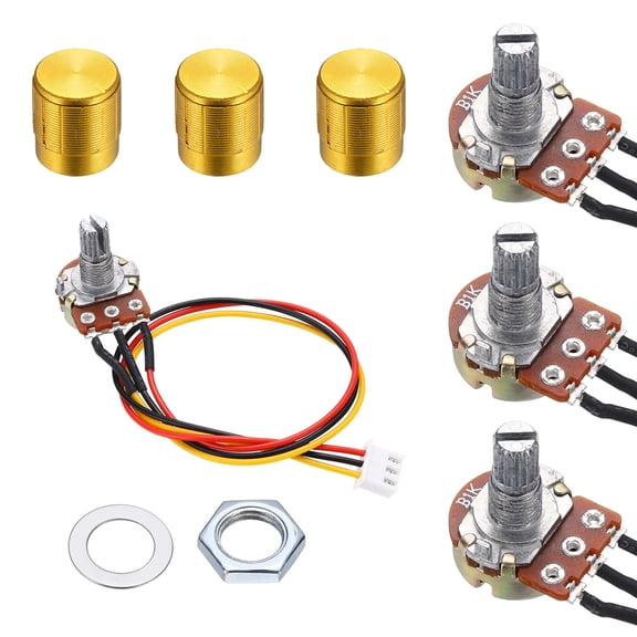Uxcell 3Set WH148 B1K Ohm Potentiometer Kit, 3Pins Variable Resistors Single Linear Taper Rotary Potentiometer with 20cm Connector Wire Cable, Gold Rotary Knobs, Nuts, and Washers